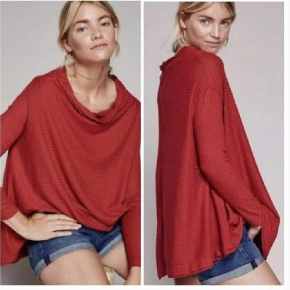 FREE PEOPLE We The Free Lover Ribbed Split Black Thermal Top Rust Red OB519393